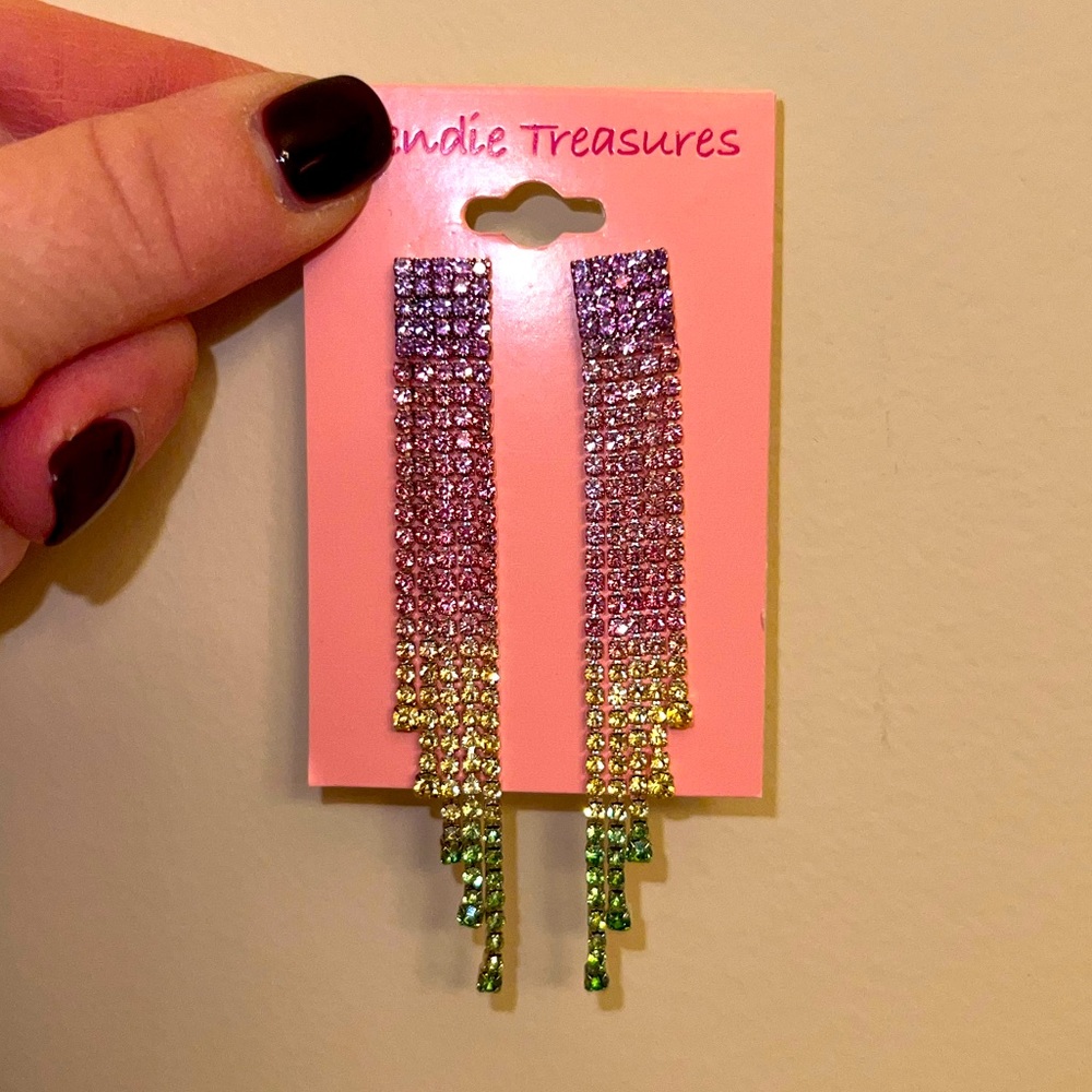Multi colored rhinestone drop earrings. Purple/pink/yellow/green. NWT. ~3” long